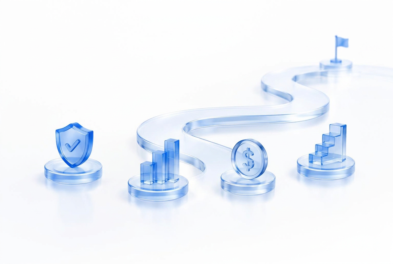 Glass pathway with evaluation shield, capital bars, reward coin and scaling steps